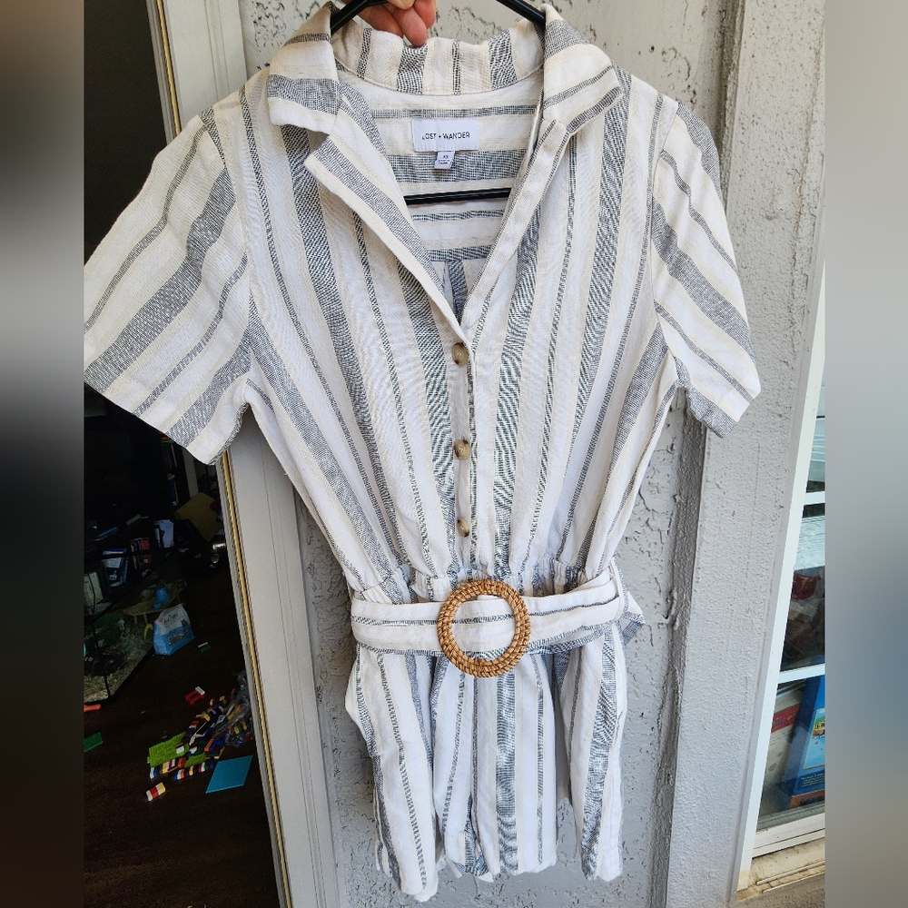 Lost + Wander Cotton & Linen Blend Striped Button-Up Romper with Belt